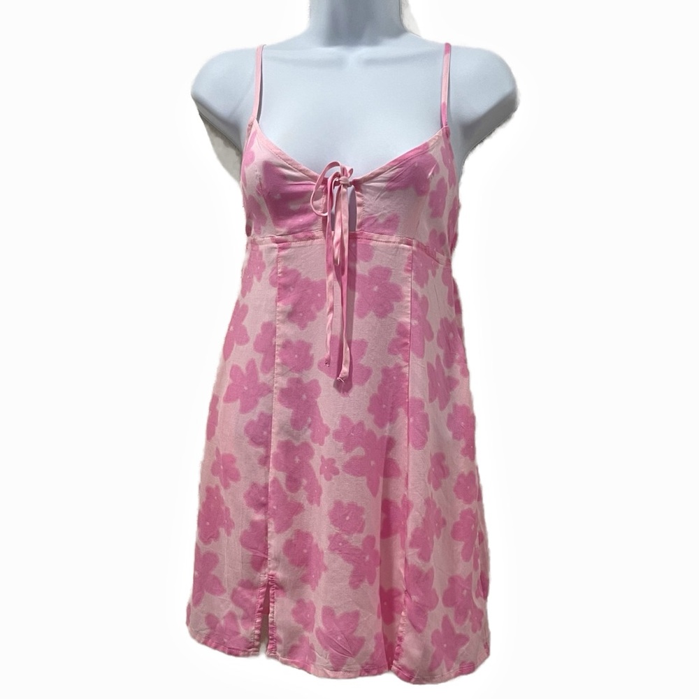 Pink Strappy Babydoll Mini Dress with side slits and tie front. Size XS